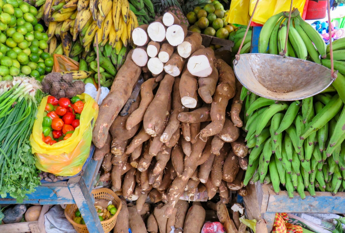 Photo shows a colorful array of fruit and veg at a market, including plantain and cassava