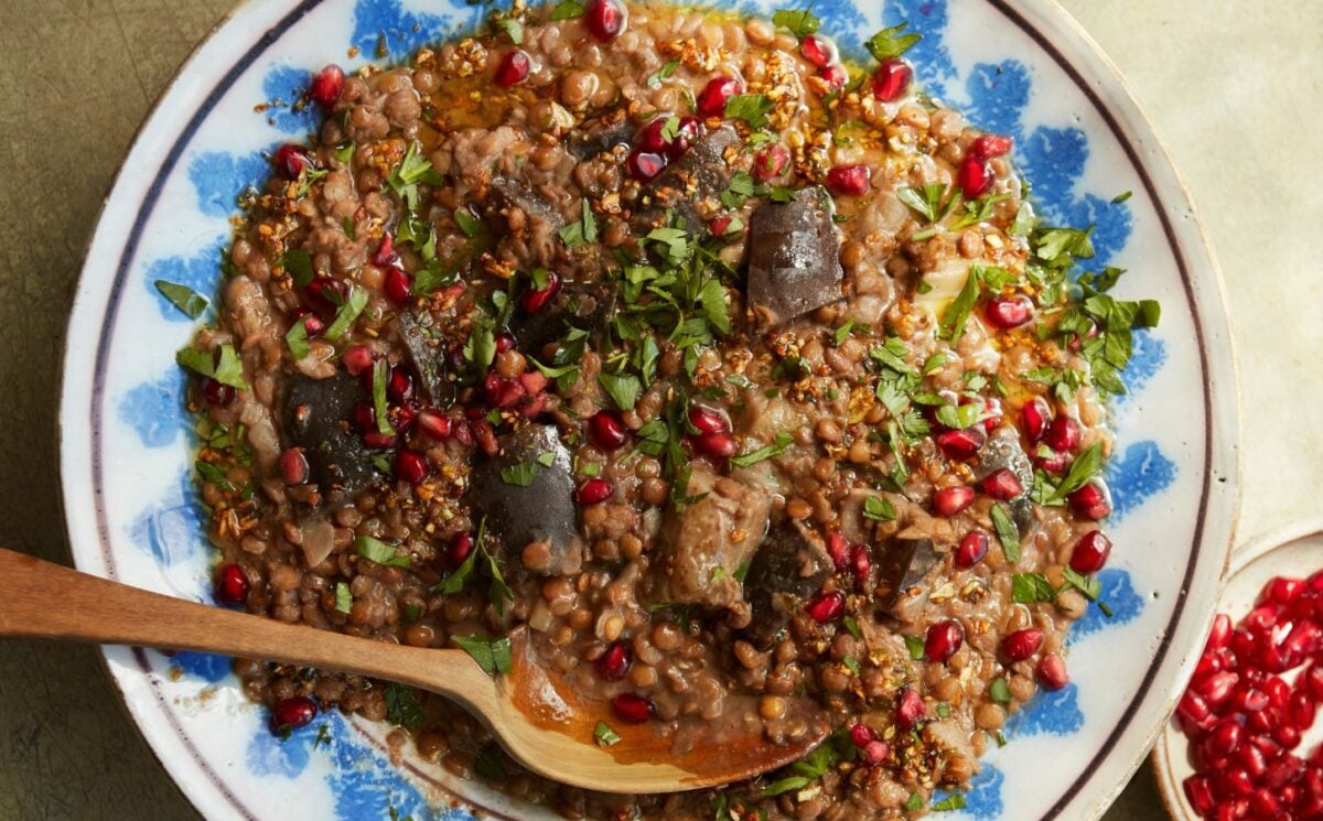 aubergine and lentil stew with pomegranate juice, seeds, and molasses