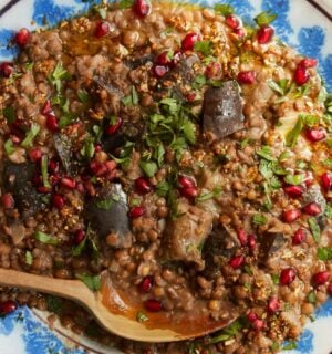 aubergine and lentil stew with pomegranate juice, seeds, and molasses