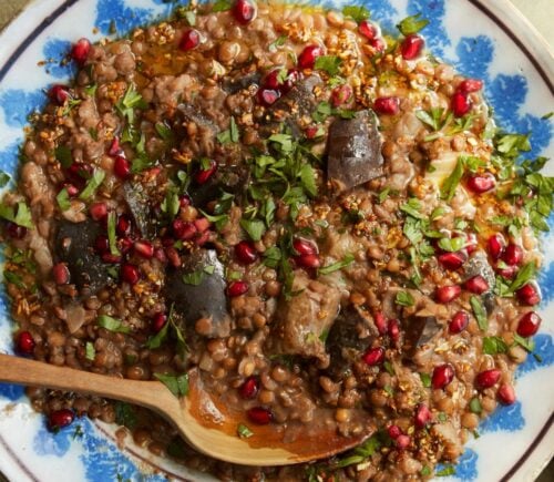 aubergine and lentil stew with pomegranate juice, seeds, and molasses