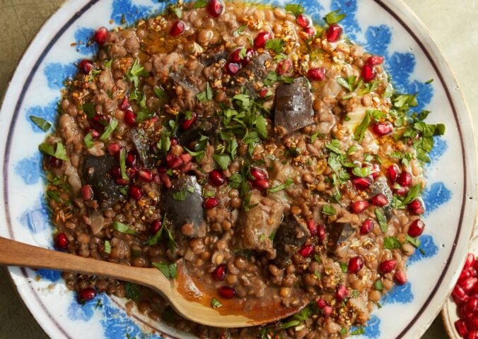 aubergine and lentil stew with pomegranate juice, seeds, and molasses