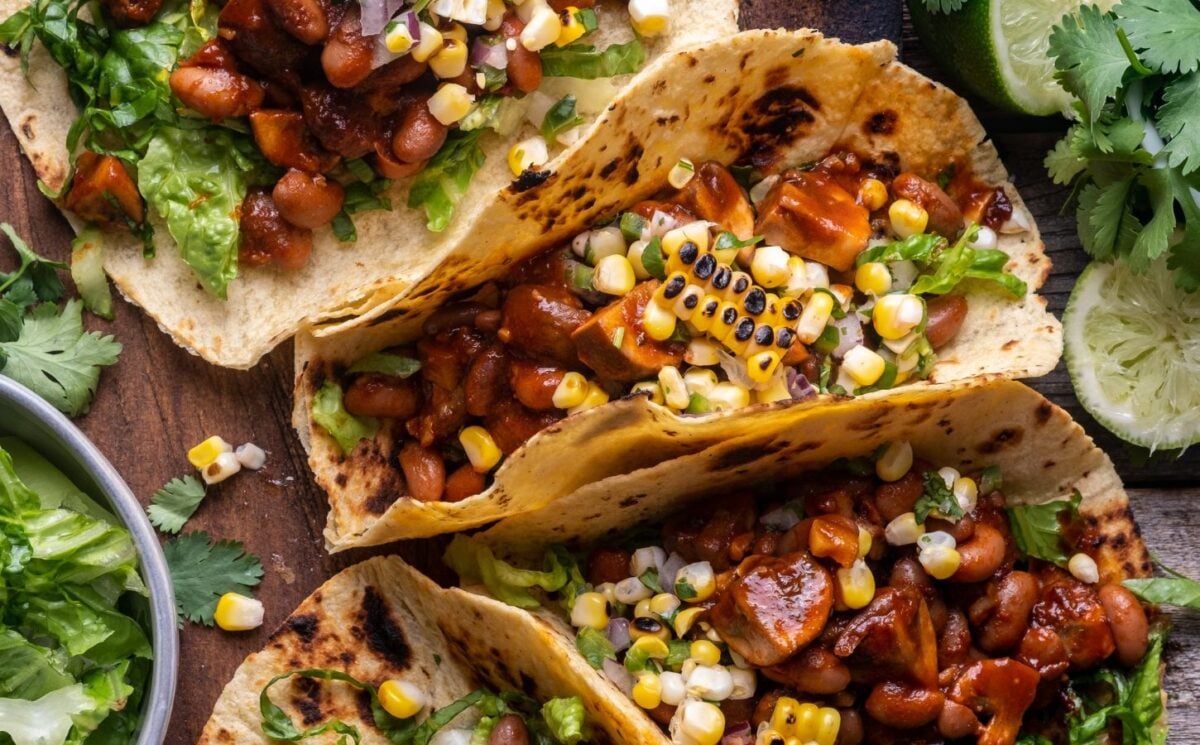 chipotle BBQ mushroom tacos with charred corn salsa for vegan summer lunches