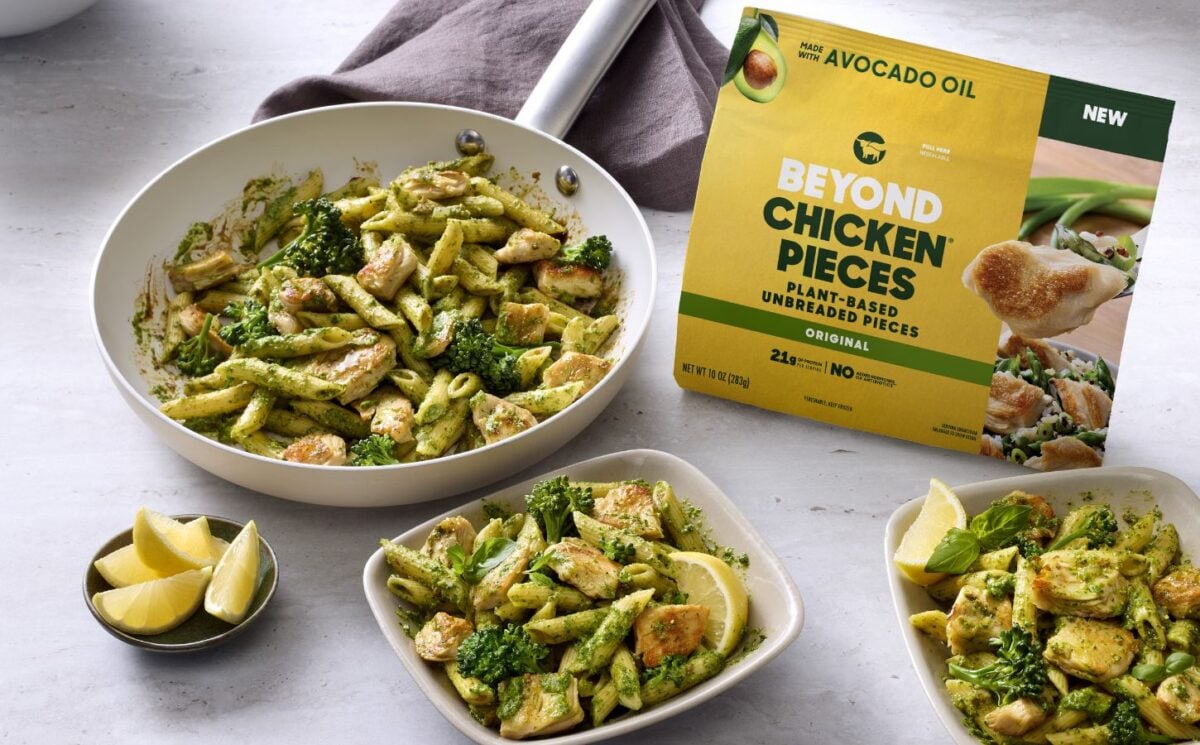Photo shows several bowls of vegan broccoli pasta featuring the new Beyond Chicken Pieces, alongside the product's packaging