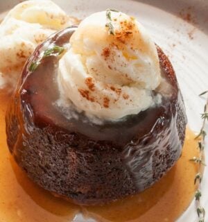 carrot cake sticky toffee pudding with vegan ice cream on top