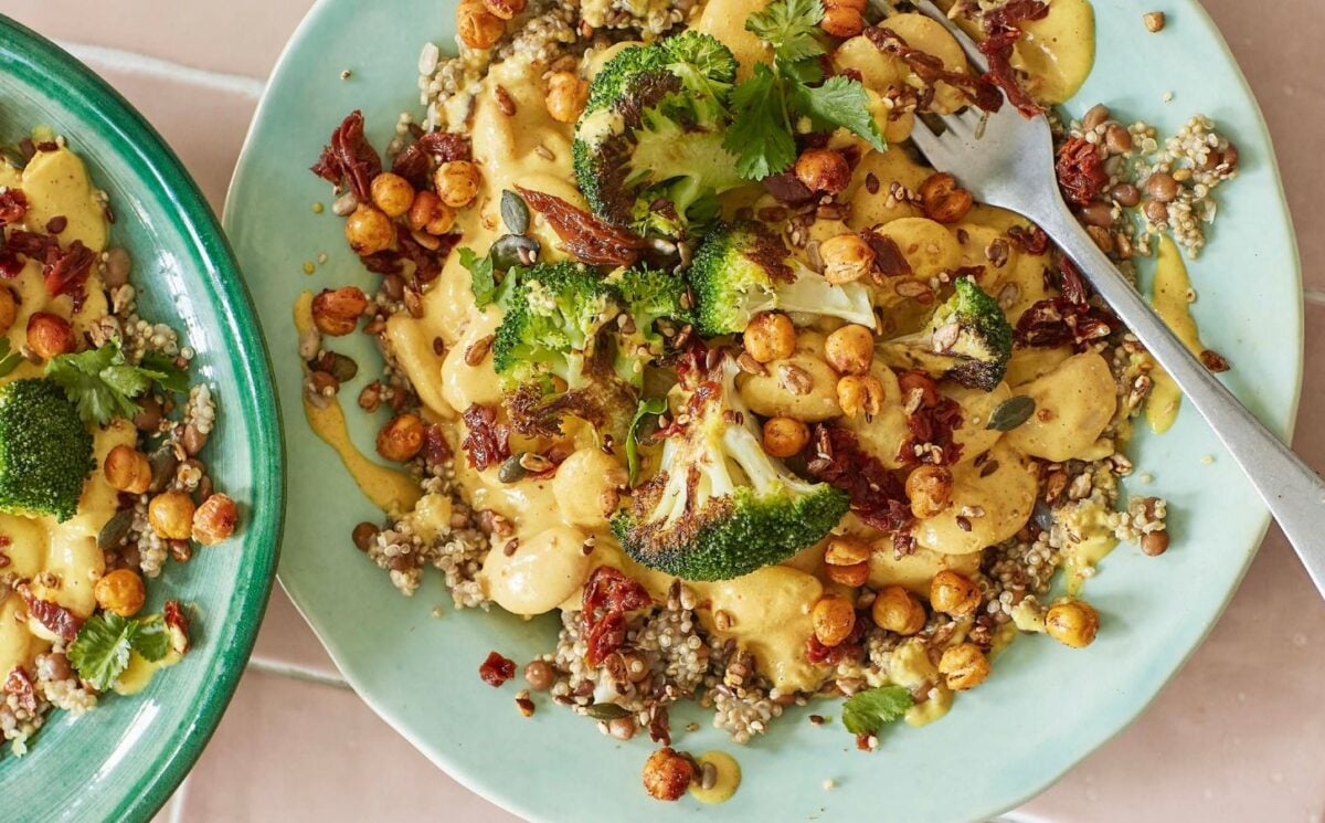 cheesy, beany, broccoli power bowl with nutritional yeast and silken tofu