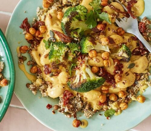 cheesy, beany, broccoli power bowl with nutritional yeast and silken tofu
