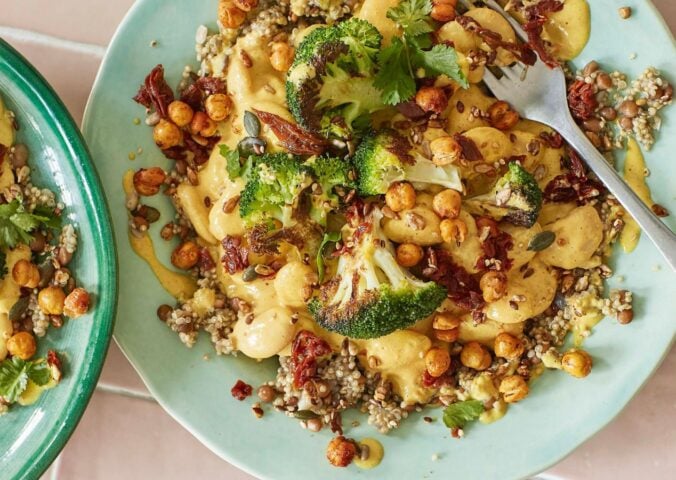cheesy, beany, broccoli power bowl with nutritional yeast and silken tofu