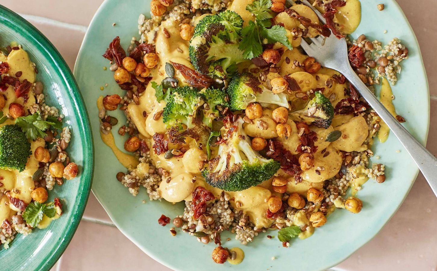 cheesy, beany, broccoli power bowl with nutritional yeast and silken tofu