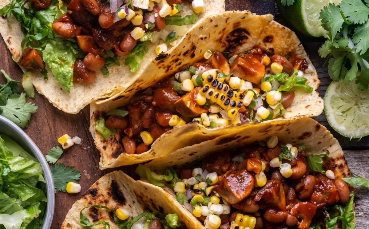 chipotle BBQ mushroom tacos with charred corn salsa