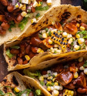 chipotle BBQ mushroom tacos with charred corn salsa