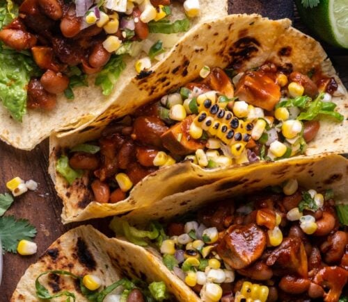 chipotle BBQ mushroom tacos with charred corn salsa