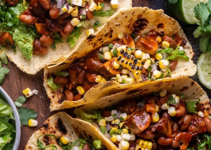 chipotle BBQ mushroom tacos with charred corn salsa