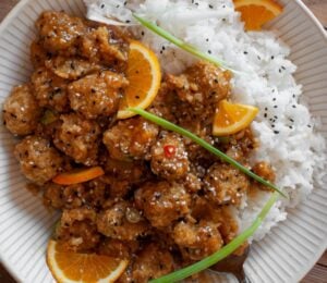 crispy orange sesame brussels sprouts and rice