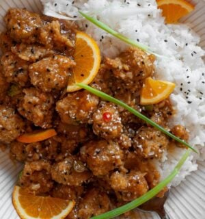 crispy orange sesame brussels sprouts and rice