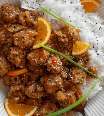 crispy orange sesame brussels sprouts and rice