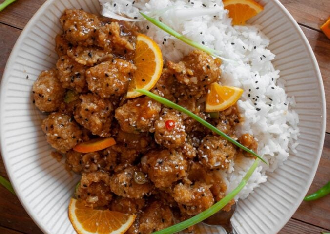 crispy orange sesame brussels sprouts and rice