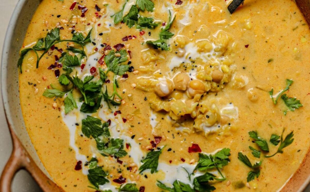 a curried lentil and leek soup with coconut milk