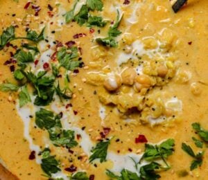 a curried lentil and leek soup with coconut milk
