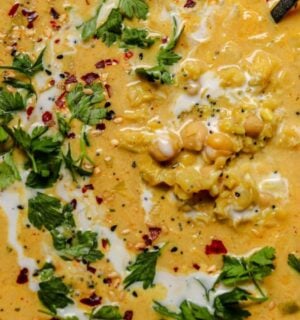 a curried lentil and leek soup with coconut milk