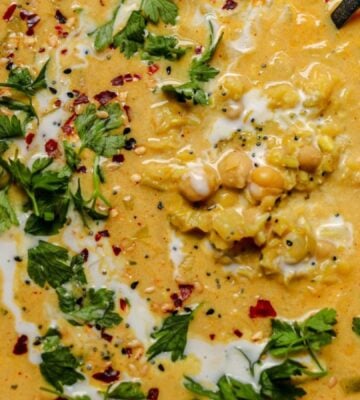 a curried lentil and leek soup with coconut milk
