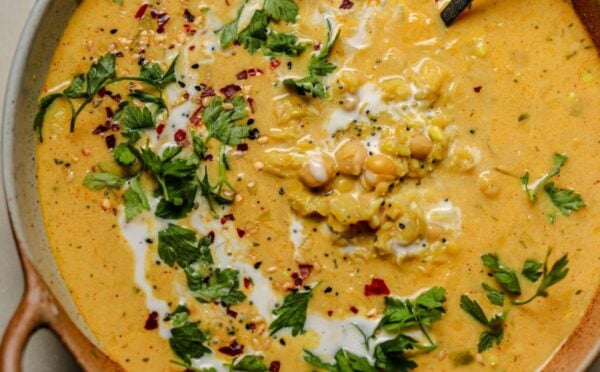 a curried lentil and leek soup with coconut milk