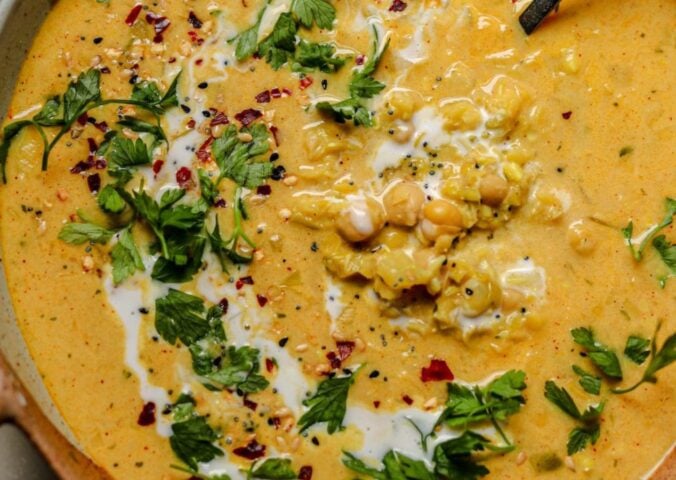 a curried lentil and leek soup with coconut milk