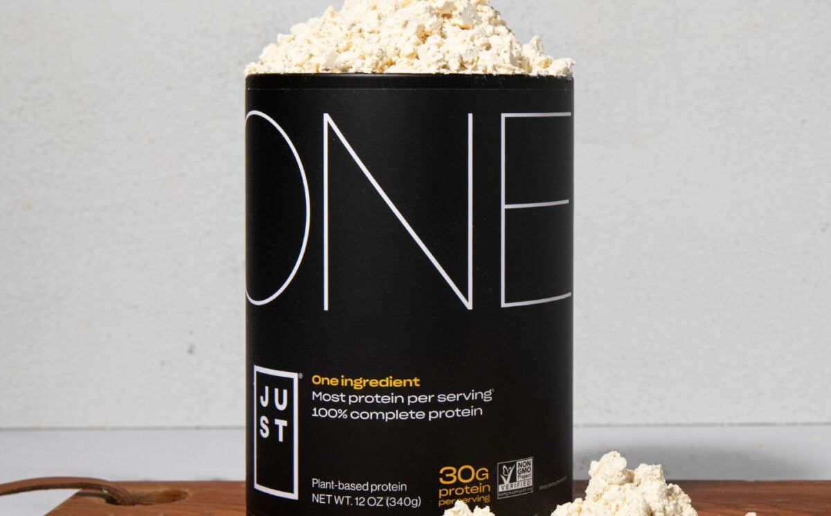 Photo shows a tub of Eat Just's new Just One vegan protein powder