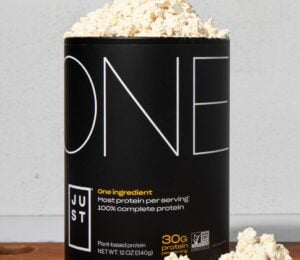 Photo shows a tub of Eat Just's new Just One vegan protein powder