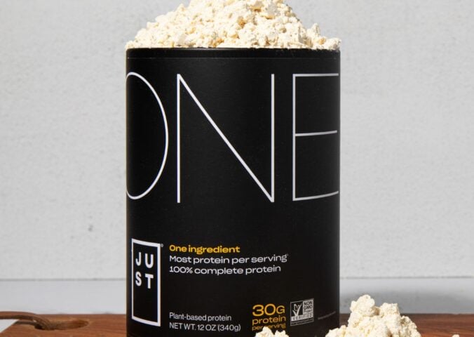 Photo shows a tub of Eat Just's new Just One vegan protein powder