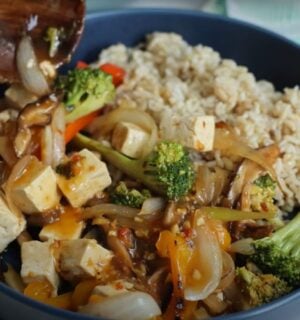 A tofu stir fry with vegetables and brown rice, a high fiber recipe