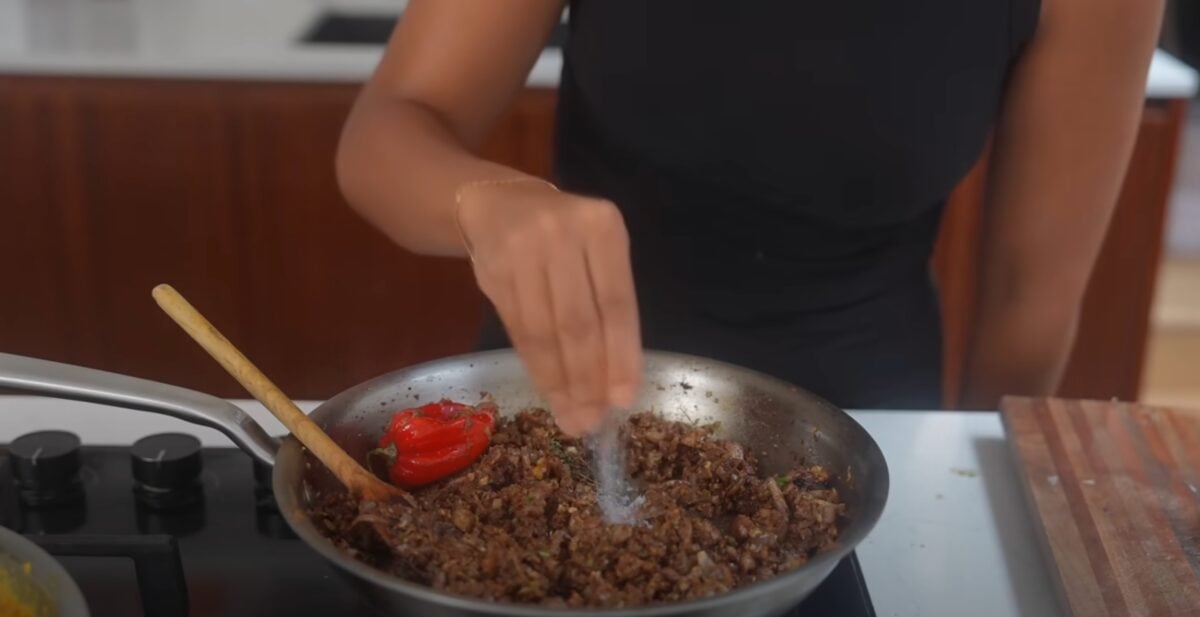 Rachel Ama prepares a whole-foods-based mince for her Jamaican patties