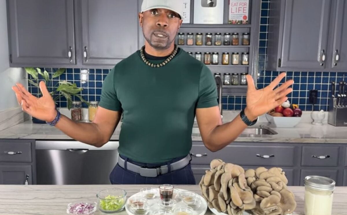 Javant introduces key ingredients for his oil-free vegan no-chicken salad, including oyster mushrooms, spices, and cashew-based HV mayo.