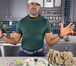 Javant introduces key ingredients for his oil-free vegan no-chicken salad, including oyster mushrooms, spices, and cashew-based HV mayo.