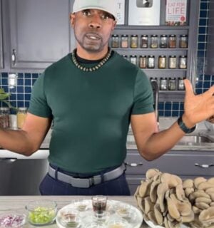 Javant introduces key ingredients for his oil-free vegan no-chicken salad, including oyster mushrooms, spices, and cashew-based HV mayo.