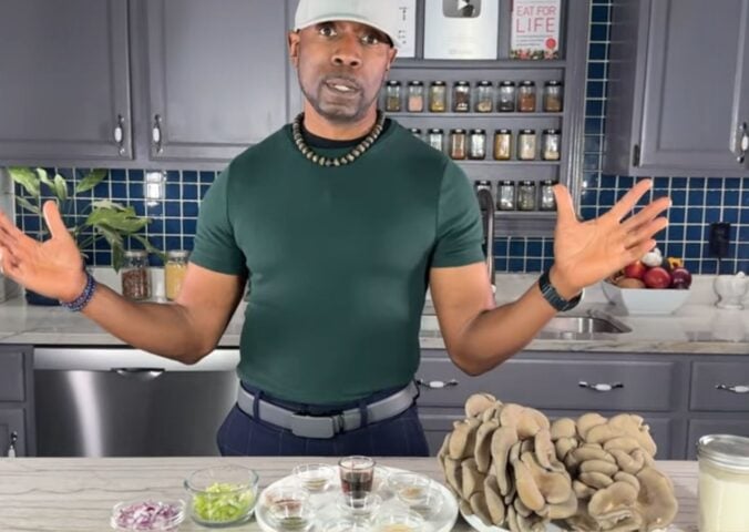Javant introduces key ingredients for his oil-free vegan no-chicken salad, including oyster mushrooms, spices, and cashew-based HV mayo.