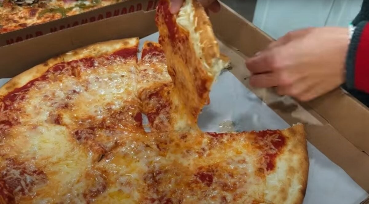A vegan pizza from Paisanos, Hermosa Beach, in a still from a vegan guide to LA and Las Vegas video