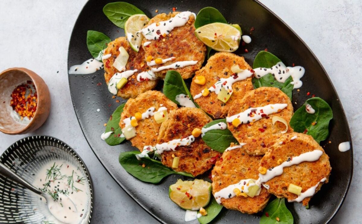 tangy leek and corn fritters with lime mayo
