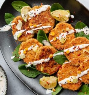 tangy leek and corn fritters with lime mayo