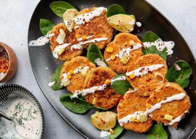 tangy leek and corn fritters with lime mayo