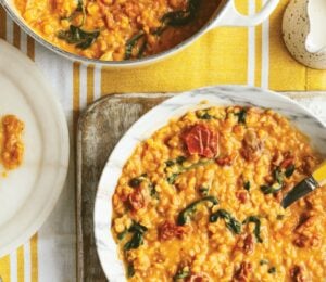 marry me lentils with spinach, nutritional yeast, and vegan parmesan