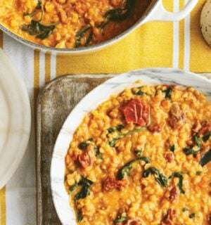 marry me lentils with spinach, nutritional yeast, and vegan parmesan