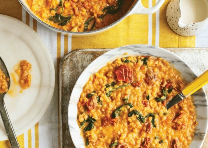 marry me lentils with spinach, nutritional yeast, and vegan parmesan