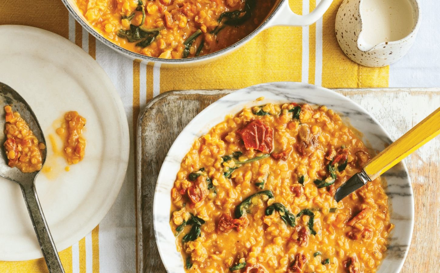 marry me lentils with spinach, nutritional yeast, and vegan parmesan