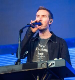 Photo shows Massive Attack singer and co-founder Robert "3D" Del Naja performing onstage