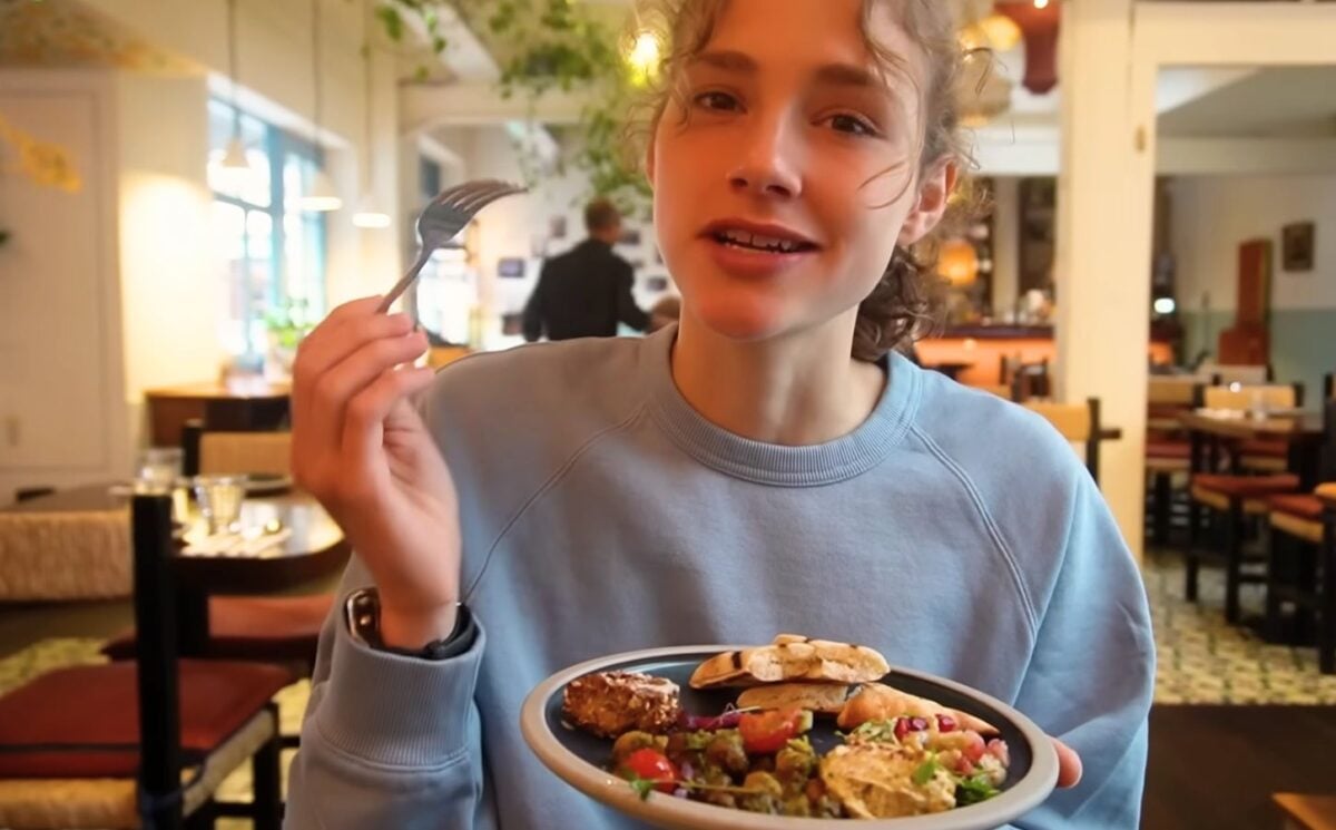 Maya Leinenbach eating vegan Syrian food on her London vegan food guide