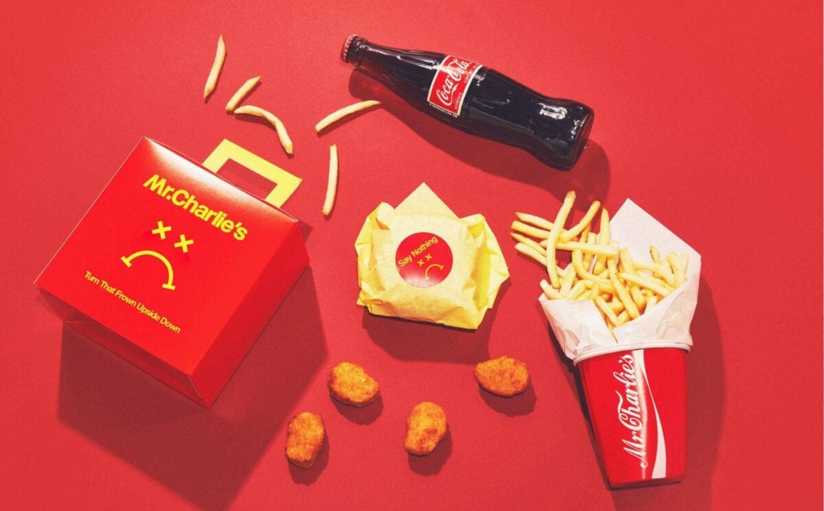 A selection of food products from "vegan McDonald's" Mr Charlie's - including a "Frowny Meal" and fries