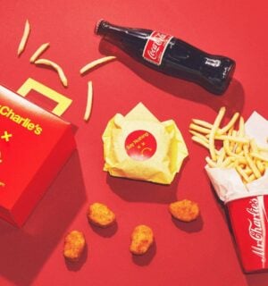 A selection of food products from "vegan McDonald's" Mr Charlie's - including a "Frowny Meal" and fries