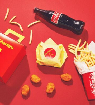 A selection of food products from "vegan McDonald's" Mr Charlie's - including a "Frowny Meal" and fries