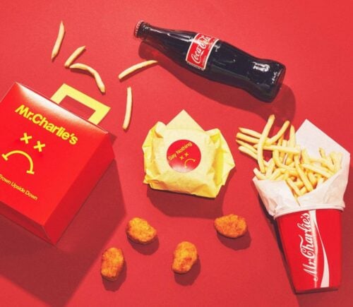 A selection of food products from "vegan McDonald's" Mr Charlie's - including a "Frowny Meal" and fries