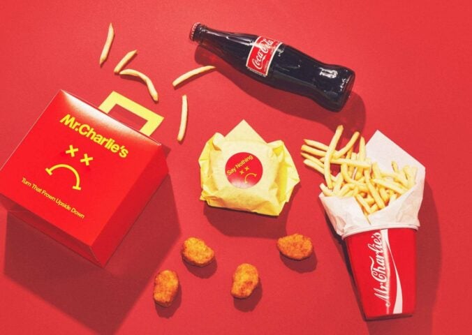 A selection of food products from "vegan McDonald's" Mr Charlie's - including a "Frowny Meal" and fries